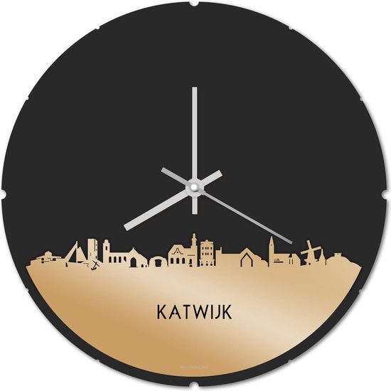 Skyline Klok Rond Katwijk Goud Metallic - Ø 44 cm - Stil uurwerk - Wanddecoratie - Meer steden beschikbaar - Woonkamer idee - Woondecoratie - City Art - Steden kunst - Cadeau voor hem - Cadeau voor haar - Jubileum - Trouwerij - Housewarming -