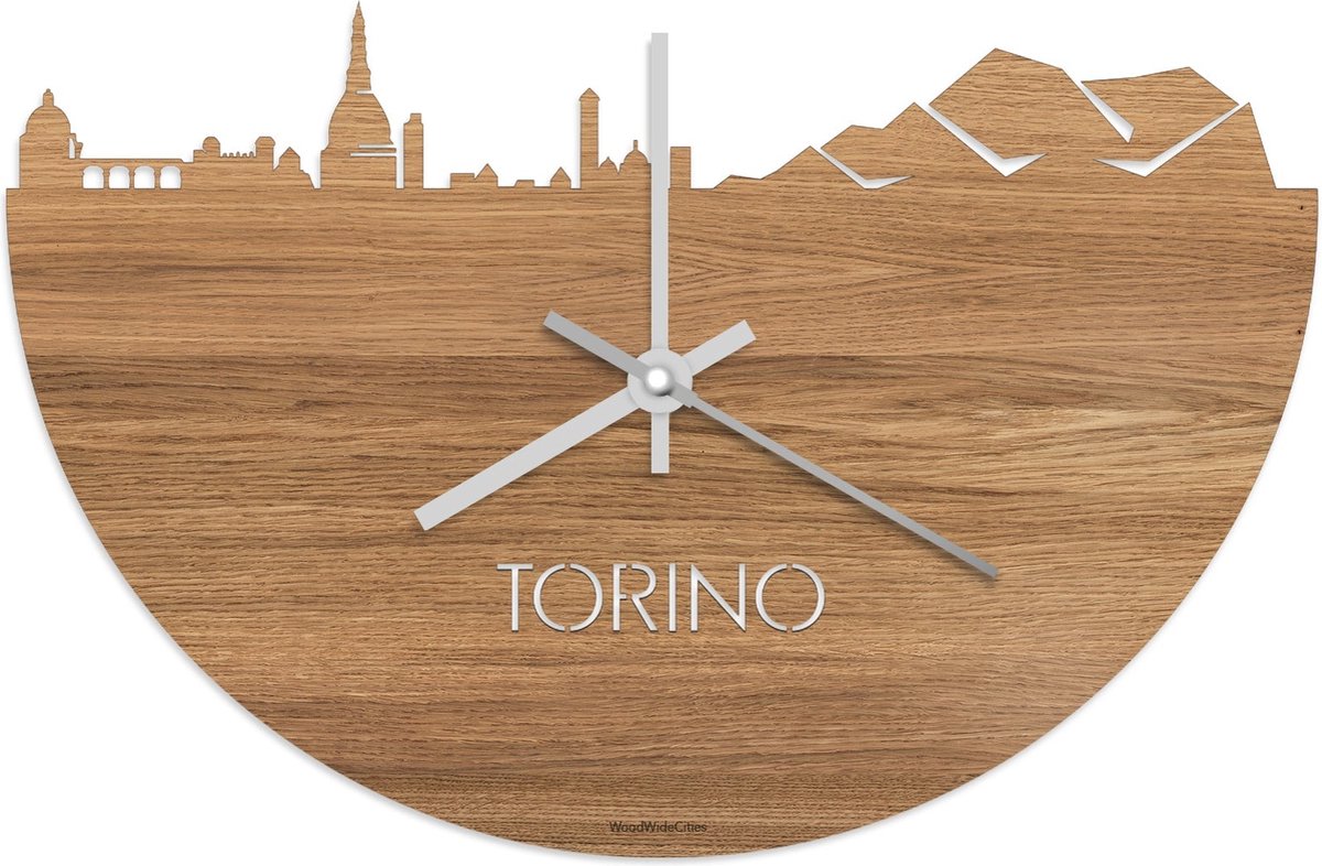 Skyline Klok Torino Eikenhout - Ø 40 cm - Stil uurwerk - Wanddecoratie - Meer steden beschikbaar - Woonkamer idee - Woondecoratie - City Art - Steden kunst - Cadeau voor hem - Cadeau voor haar - Jubileum - Trouwerij - Housewarming - WoodWideCities