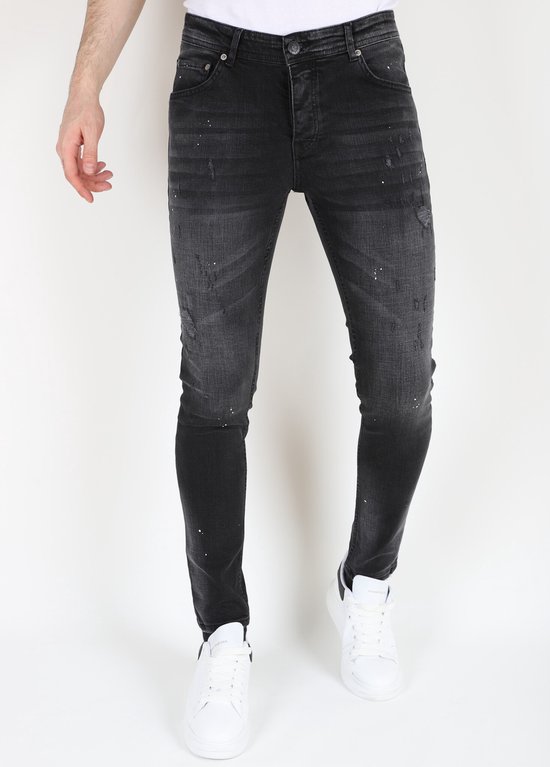 Zwarte Slim Fit Stretch Jeans Heren met Gaten -MM113