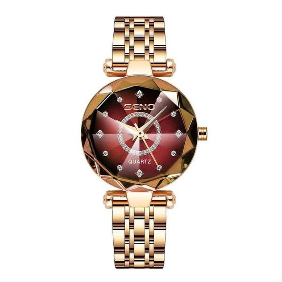 Dameshorloge Fashion Jewelry Seno - RVS - Waterdicht - Rose Goud-Rood- Horloges voor Vrouwen- Dames Horloge- Dameshorloge - Meisjes Horloges - Goud-Moederdag-Cadeau