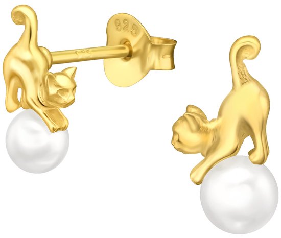 Joy|S - Zilveren kat poes oorbellen - 5.5 x 10.5 mm - met pareltje - 14k goudplating