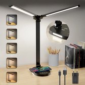 Dual Bureaulamp - LED Dimbare Tafellamp - 5 Helderheidsniveaus - Bedlamp - Draadloos opladen - Bureaulamp met Nachtlampje & Timer - Zwart