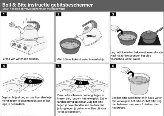 Instructies voor het gebruik van een gebitsbeschermer: 1. water koken, 2. 200 ml kokend water in bakje, 3. bitje 30-60 sec. erin, 4. drogen en in doen, 5. vastbijten, 6. 2 min. in koud water.