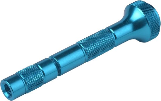 Lichtblauwe metalen deuktrekker met geribbelde gripsecties en een conische handgreep.