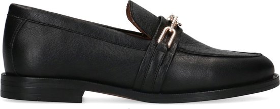 Manfield - Dames - Zwarte leren loafers met goudkleurige chain - Maat 36