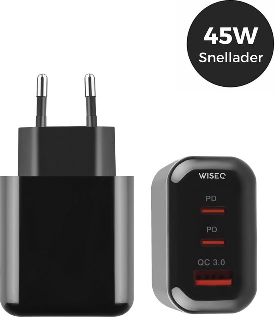 45W USB-C snellader 3 poorten (2x USB-C, 1x USB) GaN adapter voor Samsung Galaxy en iPhone zwart