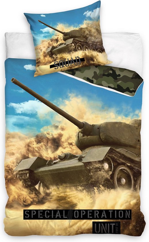 1-persoons jongens dekbedovertrek (dekbed hoes) “special operation unit” met legertank (gepantserde legerwagen) door stuifzand (army / camouflage groen) KATOEN eenpersoons 140 x 200 cm (stoer cadeau idee kinderkamer / slaapkamer!)