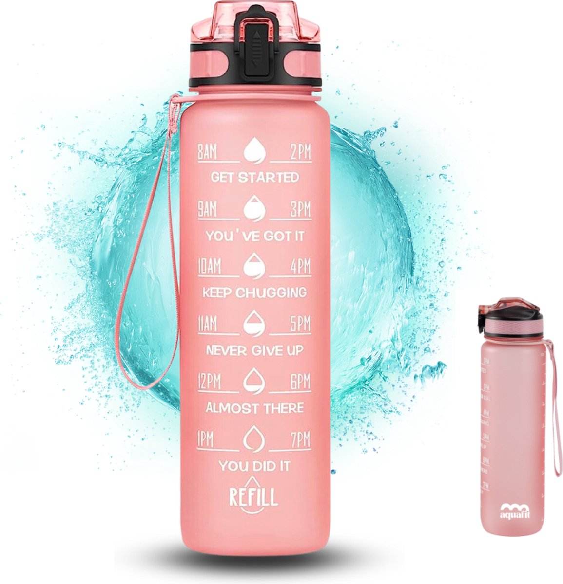 Aquafit Motivatie Waterfles - Drinkfles Met Rietje - BPA Vrij - Tijdmarkering - Volwassene Kinderen - 1 Liter - Roze