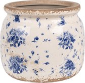 Clayre & Eef Pot de fleurs d'intérieur Ø 16x13 cm Beige Bleu Céramique Roses Pot de fleur