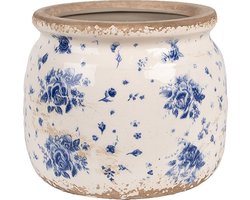 Clayre & Eef Bloempot Binnen Ø 16x13 cm Beige Blauw Keramiek Roosjes