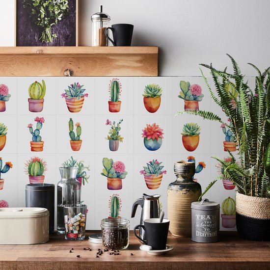Ulticool Décoration carrelages Autocollant - Cactus Plante en Pot - 15x15 cm - 15 pièces Autocollants de Carrelage en Film Adhésif Stickers muraux - Carrelage Autocollant - Sticktiles - Salle de Bain - Cuisine