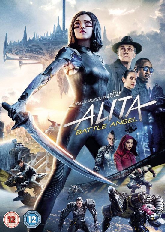 Alita: Battle Angel filmcover met Alita met een zwaard. Achtergrond met een stad en andere personages.