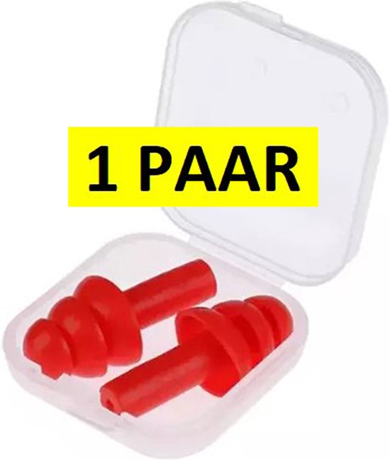 Rode oordoppen in een bewaardoosje met gele sticker '1 PAAR'.