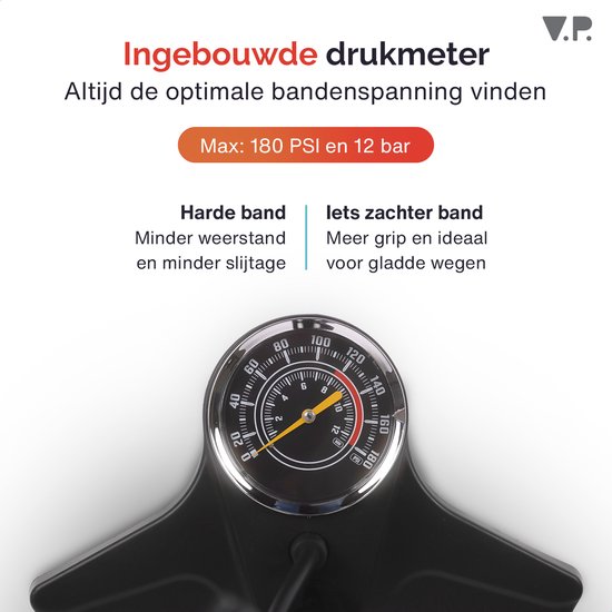 V.P. Staande Fietspomp met Drukmeter - Racefiets- en Mountainbike accessoires - Incl. extra opzetstukken - Tot 12 bar / Zwart — afbeelding 5