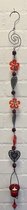 Deco theelichthouder "bloem + harten" met metalen ketting - zwarte ketting & rode glazen stenen - lengte 115 cm - exclusief theelicht - Woondecoratie - Theelichthouder - Woonaccessoires