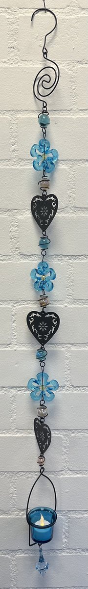 Deco theelichthouder "bloem + harten" met metalen ketting - zwarte ketting & blauw + gele glazen stenen - lengte 115 cm - exclusief theelicht - Woondecoratie - Theelichthouder - Woonaccessoires