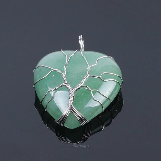 Collier pendentif en forme de cœur Aventurine verte - Unisexe, Handgemaakt, design arbre de vie