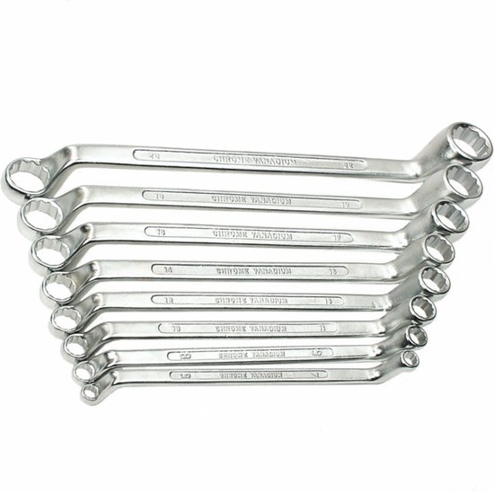 8-delige ringsleutelset van glanzend chroom-vanadium staal, maten 8-22 mm.