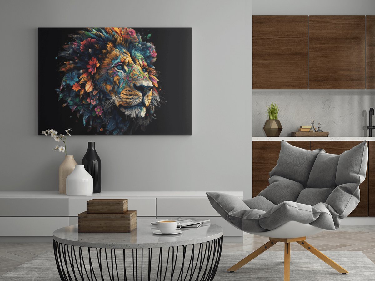 Trendex Global Canvas Schilderij Dieren - Leeuw Met Bloemen - 60x40x2 cm Zwart