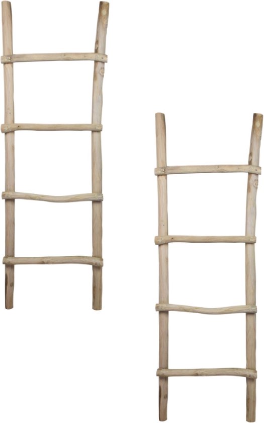Decoratie Ladder Set van 2 - 6x50x150 cm - Naturel - Teak - handdoekladder, decoratie ladder, wandrek ladder, decoratie trap, decoratierek, ladderrek, houten ladder, handdoekrek badkamer, ladder handdoekenrek