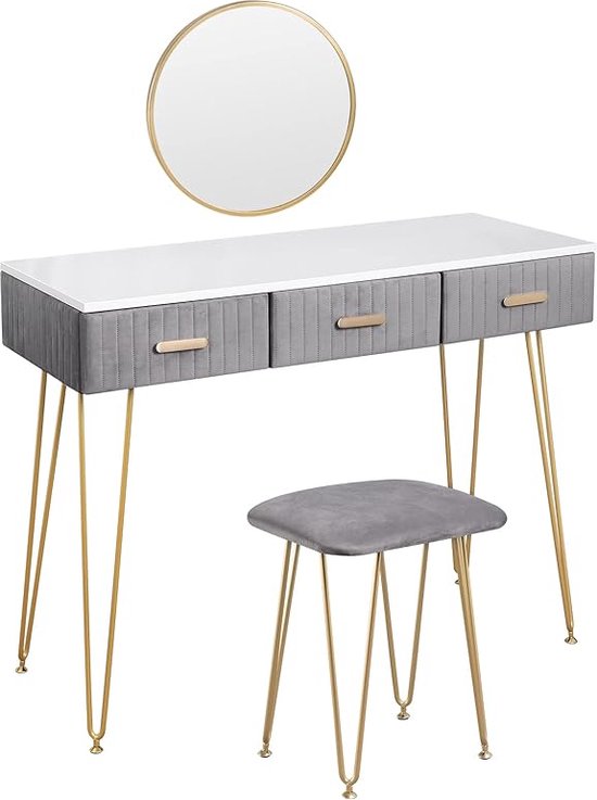Make-uptafel met kruk en spiegel kaptafel met schuifladen groot tafelblad van 100 x 40 cm moderne make-uptafel voor slaapkamer grijs