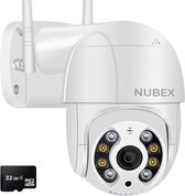 Caméra de sécurité Nubex® intérieure et extérieure avec vision nocturne - Caméra de sécurité IP - Full HD avec WiFi et application - Zoom numérique 4x - Avec carte SD 32 GB et câble d'extension - Wit