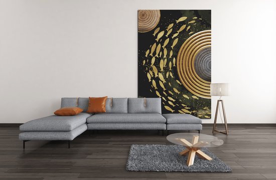 Canvas Schilderij - Gouden Vissen - Zwart - Goud - Abstract - Schilderij - 90x60x2 cm