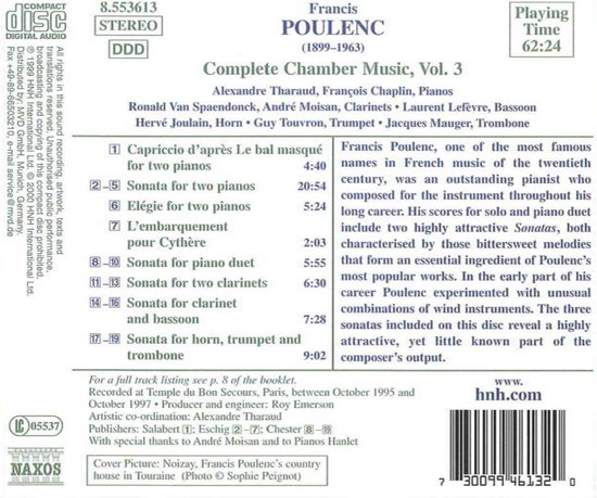 De achterkant van de cd "POULENC Complete Chamber Music, Vol. 3" toont de tracklist, uitvoerders en een beschrijving van de muziek.