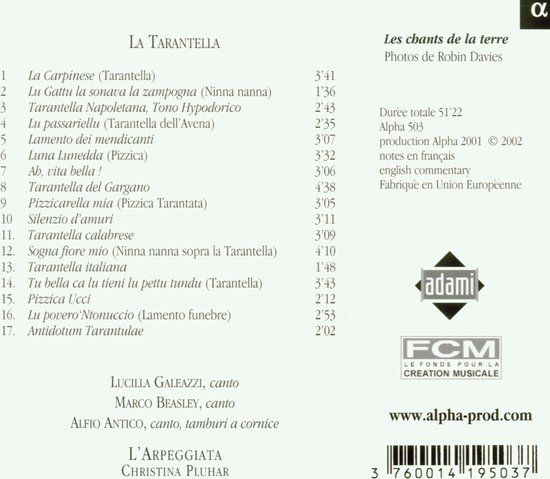 Boekje met tracklist voor La Tarantella, met 'La Tarantella' en 'Antidotum Tarantulae'.