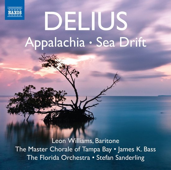 CD-hoes van Delius: Appalachia, Sea Drift met een silhouet van een boom in kalm water bij een paars-blauwe zonsondergang.