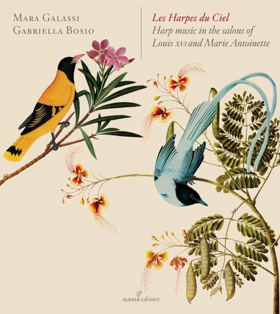 Albumhoes met twee getekende vogels en bloemen. De titel 'Les Harpes du Ciel' staat in rode letters.