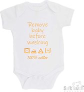 100% katoenen Romper "Remove baby before washing 100% cotton" Unisex Katoen Wit/mosterd Maat 62/68
