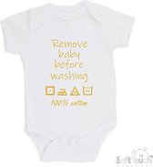 100% katoenen Romper "Remove baby before washing 100% cotton" Jongens Katoen Wit/goud shiny Maat 56/62