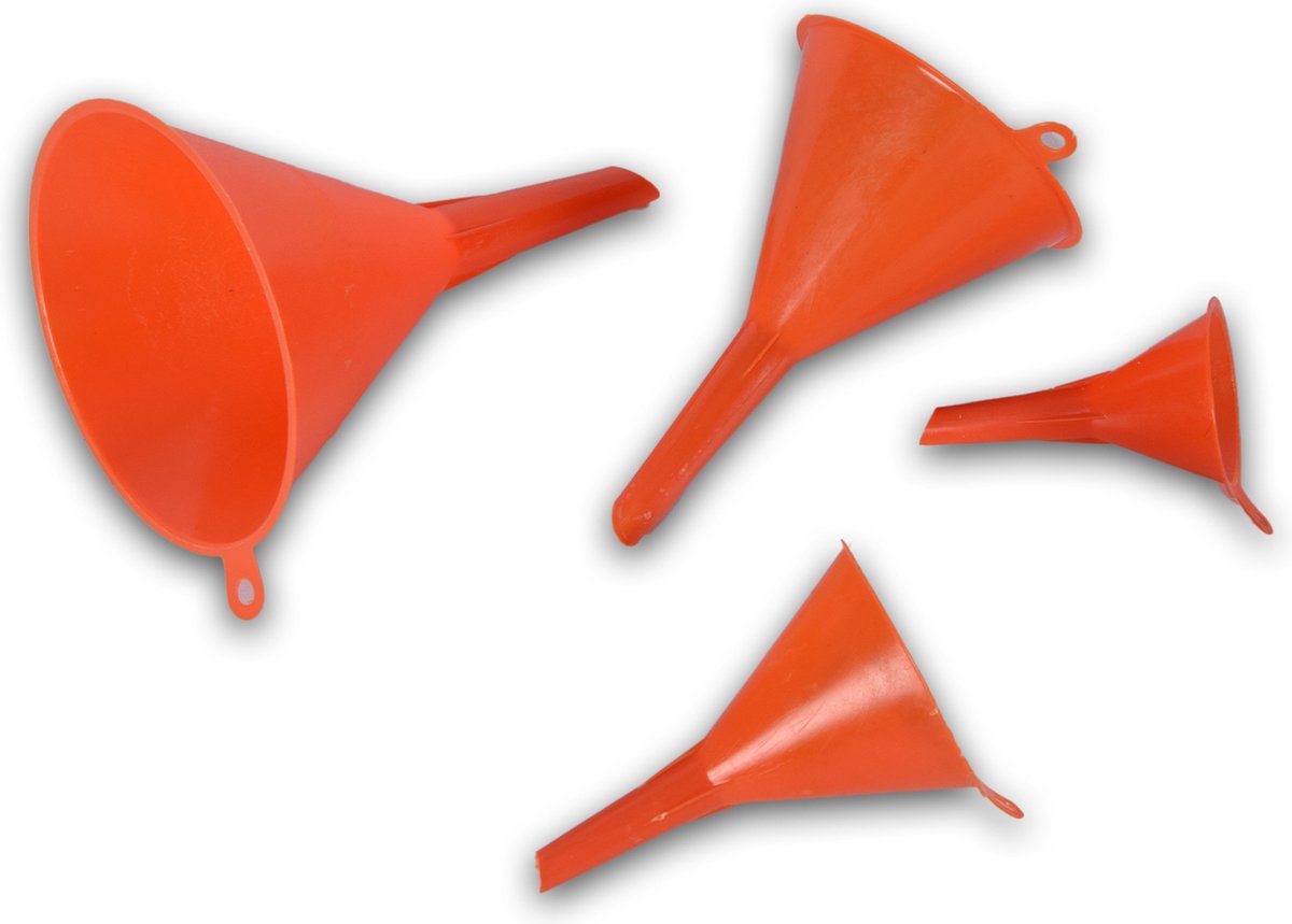 1 Set van 4 stuks Oranje Plastic Trechters in Diverse Maten | Ideaal voor Keuken, Klussen en Huishoudelijk Gebruik - discountershop