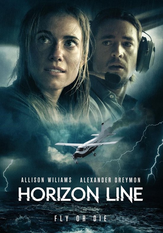 Poster van 'Horizon Line' met Allison Williams en Alexander Dreymon, een vliegtuigje en bliksem.
