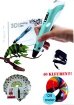 3D pen 3d pen starterspakket-inclusief 129meter filament in 40 kleuren-boek met 40 bladzijden met sjablonen en herbruikbaar overtrekvel-Oplader-Penhouder-Lichtblauw