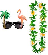 Tropische Hawaii party verkleed accessoires set - Funny zonnebril - en bloemenkrans groen/wit - voor volwassenen