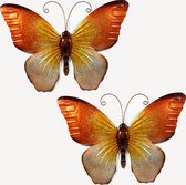 Anna's Collection Wand decoratie vlinder - 2x - oranje - 32 x 24 cm - metaal - muurdecoratie