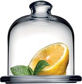 Transparante glasplaat voor snoep en fruit met transparante glazen koepel 10,5h diam.10 Transparante glasplaat voor snoep en fruit met een transparante glazen koepel van 10,5 cm hoog en een diameter van 10 cm.