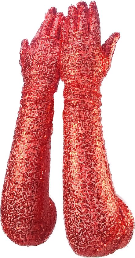 BamBella® - Handschoenen feest Lang Rood Glitter - dames - One Size