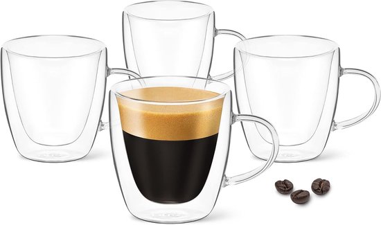 Foto: Espressokopjes met handvat set 90ml set van 4 dubbelwandige espressoglazen glazen van borosilicaatglas espressoglas espressokopje met handvat van thermisch glas