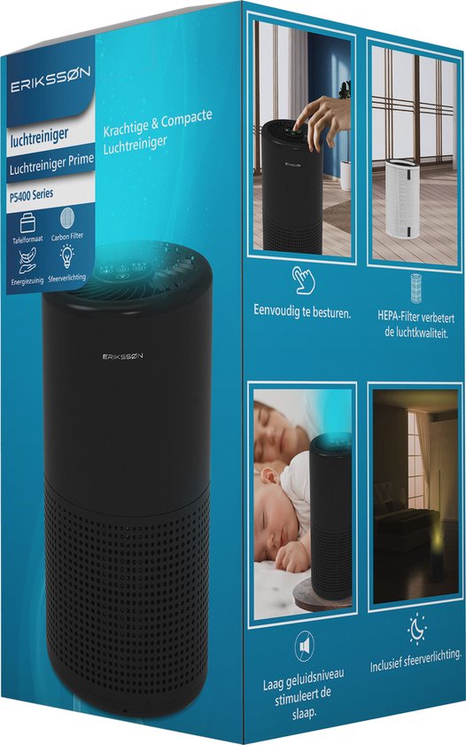 Erikssøn Luchtreiniger Prime PS400 Series in zwart, met HEPA-filter en sfeerverlichting.