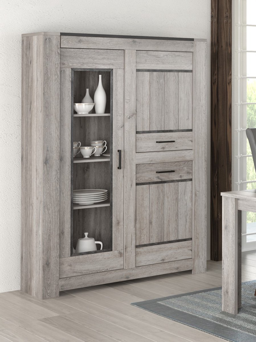 Tollebeek Vitrinekast - Grijze houtlook - 2 deuren, 1 deur met glas - 187 x 132 x 40 cm
