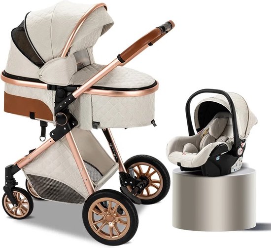 Luxe Multifunctionele 3-in-1 Combi Kinderwagen - Kwalitatieve Buggy - Buggy's - Opklapbare Wandelwagen - Maxi cosi - Incl. Autostoel - Pink - Creame