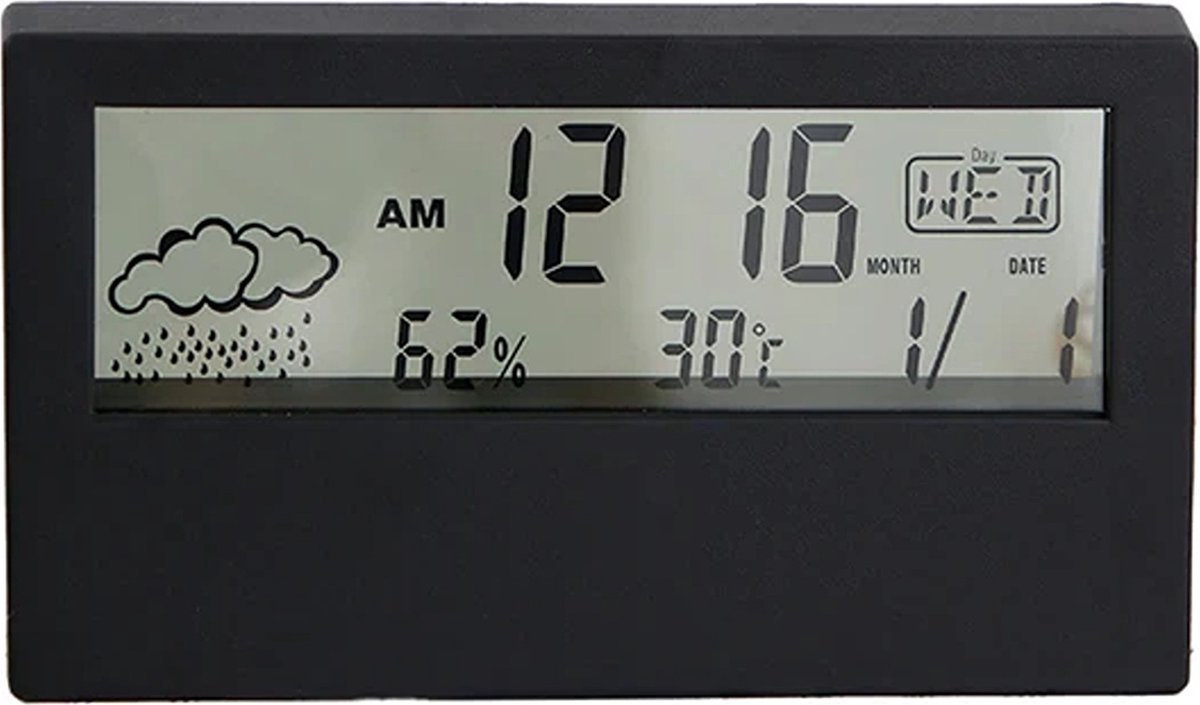 Weerstation - Met Temperatuur En Vochtigheidsmeter - Inclusief Batterijen - Temperatuurmeter - Met Wekker - Zwart
