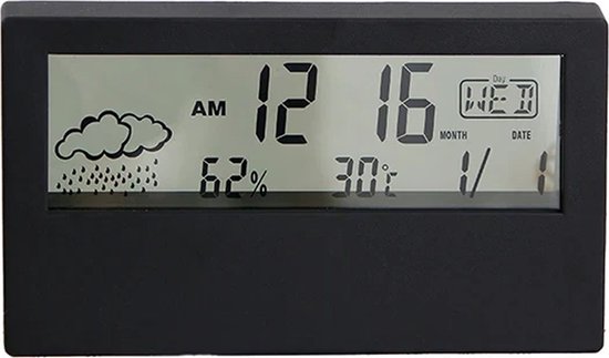 Foto: Weerstation met temperatuur en vochtigheidsmeter inclusief batterijen temperatuurmeter met wekker zwart