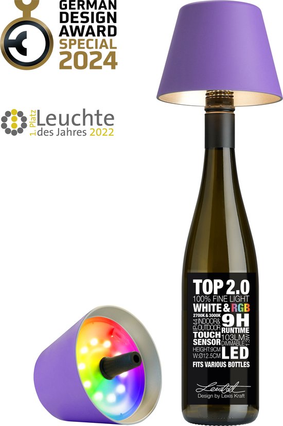Sompex Flessenlamp " TOP " met houdbare kurk 2.0 | Led| Paars - indoor / outdoor - oplaadbaar | RGB
