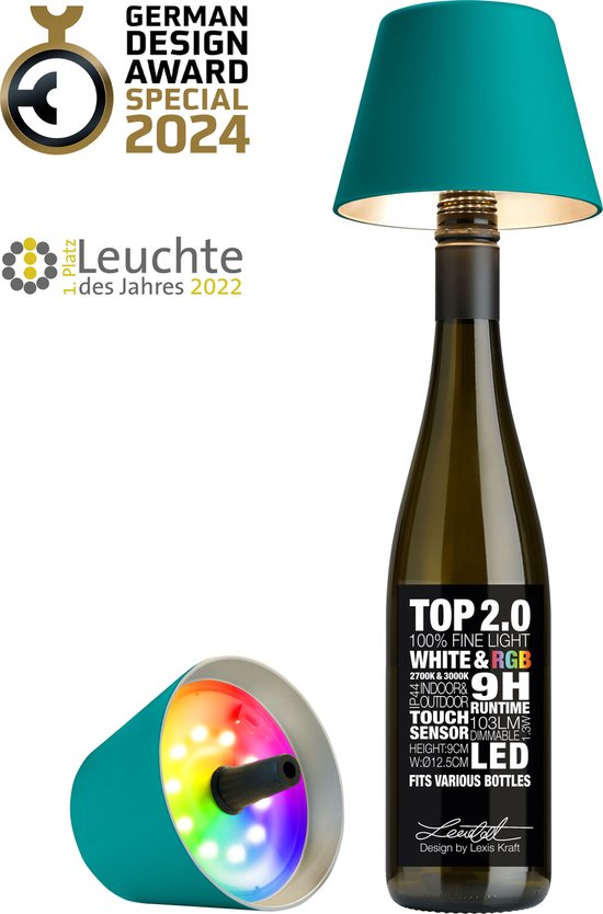 Sompex Flessenlamp " TOP " met houdbare kurk 2.0 | Led| Turquoise - indoor / outdoor - oplaadbaar | RGB