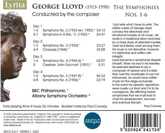 Albumhoes George Lloyd, The Symphonies Nos. 1-6. Links een bronzen buste van George Lloyd. Rechts de tracklist, tekst en logo's.