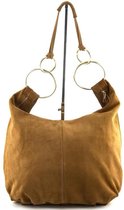 GROTE SUEDE TAS MET GROTE GOUDEN RING. Kleur: cognac Materiaal: Kalfsleer handmade in Italy Maat: 46x70x7cm